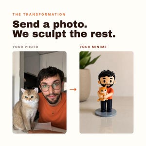 May include: A custom figurine service advertisement featuring the text THE TRANSFORMATION, Send a photo. We sculpt the rest. YOUR PHOTO, and YOUR MINIME. It shows a photo of a person with a cat next to a small, stylized figurine of the same pair.