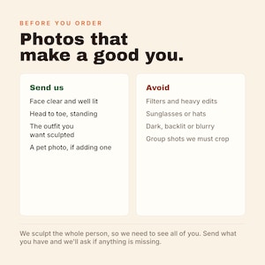 May include: An informational graphic titled BEFORE YOU ORDER Photos that make a good you. It lists instructions for sending photos, including requirements for clear, well-lit, full-body images, and a list of things to avoid like filters, hats, and blurry shots.