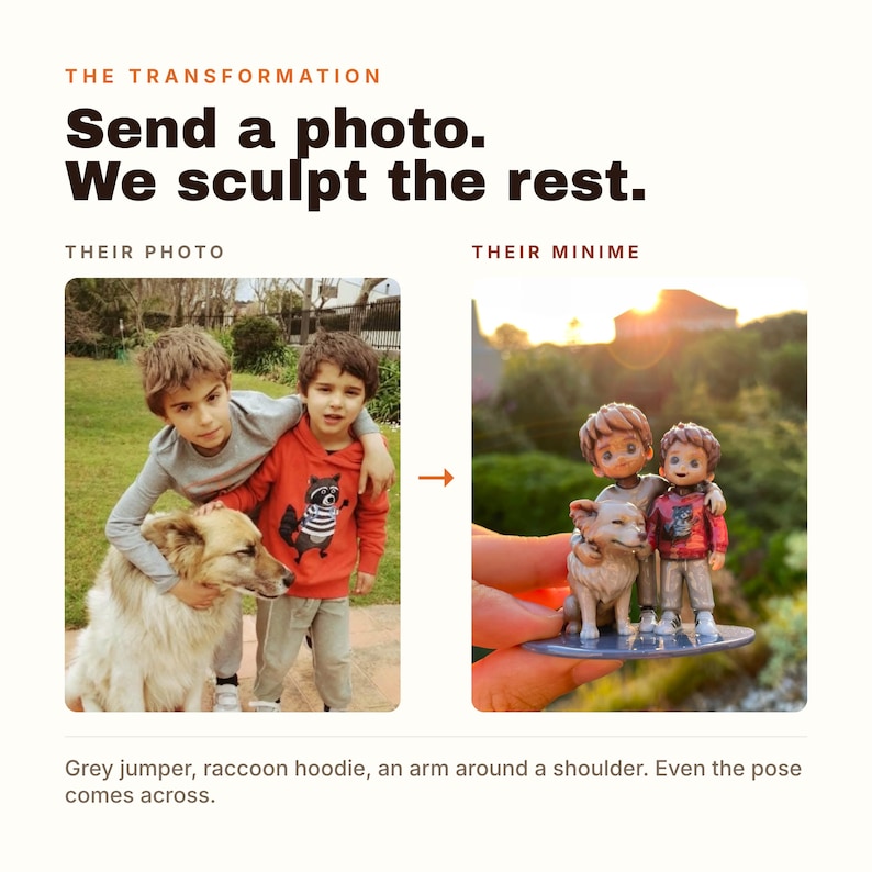 May include: A custom figurine set depicting two children and a dog, based on a photograph. The text reads: THE TRANSFORMATION, Send a photo. We sculpt the rest., THEIR PHOTO, THEIR MINIME. The figurine shows one child in a grey shirt and one in a red raccoon hoodie with a dog.