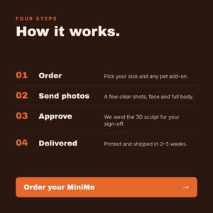 May include: A dark brown informational graphic titled Four Steps How it works. It lists four numbered steps: 01 Order, 02 Send photos, 03 Approve, and 04 Delivered, with brief descriptions for each. An orange button at the bottom reads Order your MiniMe.
