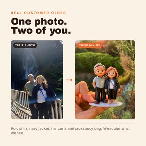 May include: A custom figurine set featuring two small figures on a white base. One figure has grey hair and wears a grey polo shirt with black pants. The other figure has curly reddish-brown hair and wears a black jacket over a white top with a black crossbody bag.