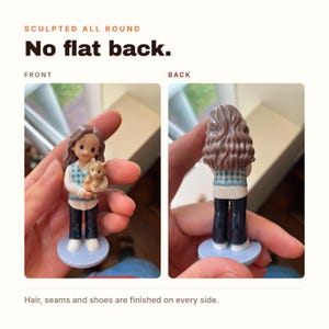 May include: A small figurine of a person with wavy brown hair holding a small orange cat. The person wears a blue and white checkered vest over a white shirt, dark blue pants, and white shoes. The text reads: SCULPTED ALL ROUND No flat back.
