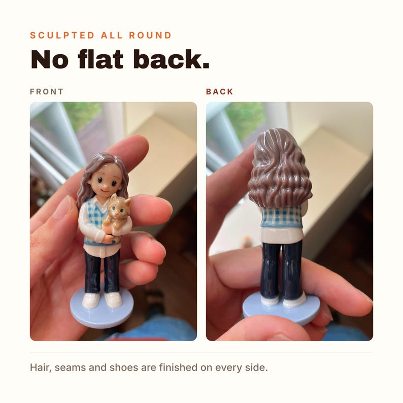 May include: A small figurine of a person with wavy brown hair holding a small orange cat. The person wears a blue and white checkered vest over a white shirt, dark blue pants, and white shoes. The text reads: SCULPTED ALL ROUND No flat back.