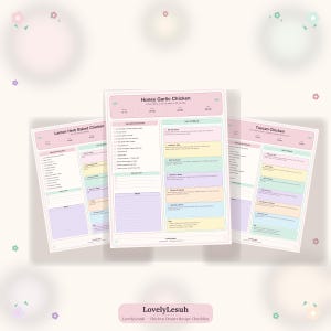 May include: Three colorful recipe checklists for chicken dishes, including Honey Garlic Chicken, Lemon Herb Baked Chicken, and Tuscan Chicken. Each checklist features ingredient lists and instructions, with pastel color-coded sections. The LovelyLesuh logo is at the bottom.