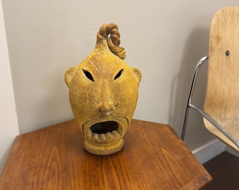 Grotesque Face Jug Lantern Ceramic 12" Mustard Glaze Folk Art