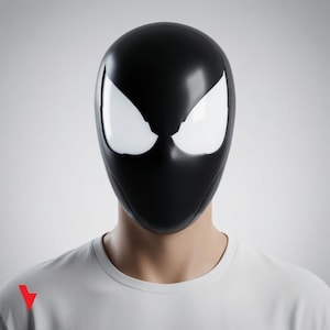 May include: A smooth, solid black full-head mask featuring large, angular white eye lenses. The mask has a sleek, seamless design that covers the entire face and head, providing a uniform appearance with no visible seams or additional markings.