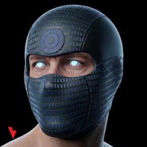 May include: A futuristic, dark blue mask with a grid pattern and a circular design on the forehead. The mask covers the face, with glowing white eyes visible. The background is black.