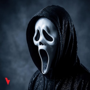 Puede incluir: Una máscara blanca de Scream con la boca muy abierta y cuencas de ojos negras sobre un fondo oscuro. La máscara se usa con una capa con capucha negra. La imagen tiene un tema de terror.