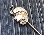 Antique Victorian Stick Pin Peacock Art Nouveau Lady Gold Filled Vintage Pin Hat Lapel Jewelry Gift for Her