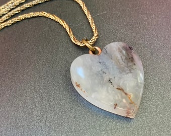 Vintage Puffy Heart Necklace Gray Agate Jasper Gemstone Fine Jewelry Gift for Her