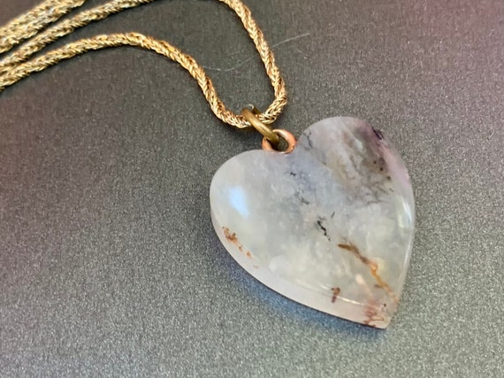 Vintage Puffy Heart Necklace Gray Agate Jasper Ge… - image 1