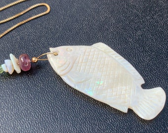 Vintage Carved Opal Handmade Fish 14K Gold Genuine Opal Tourmaline Fine Jewelry Gift for Her