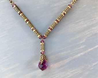 Victorian Amethyst Glass Briolette Necklace Brass and Glass Antique Rolo Chain Filigree Metal Lavalier Jewelry Gift for Her