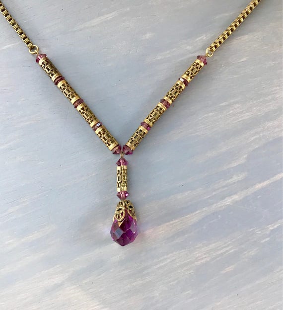 Victorian Amethyst Glass Briolette Necklace Brass… - image 1