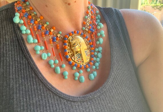 Vintage Egyptian Revival Necklace Turquoise Coral… - image 10
