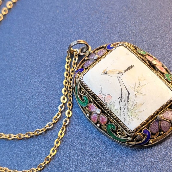Antique Sterling Chinese Export Enamel Carved Scrimshaw Bird Pendant Necklace Vintage Fine Jewelry Gift for Her