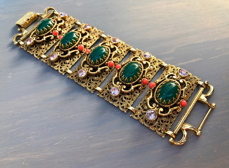 Vintage Selro Bracelet Mogul Wide Filigree Panel Rhinestones Rare Jewelry Statement Gift for Her image 6