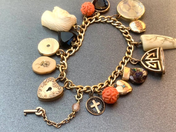 Antique Victorian Gold Charm Bracelet Fob Charms … - image 1