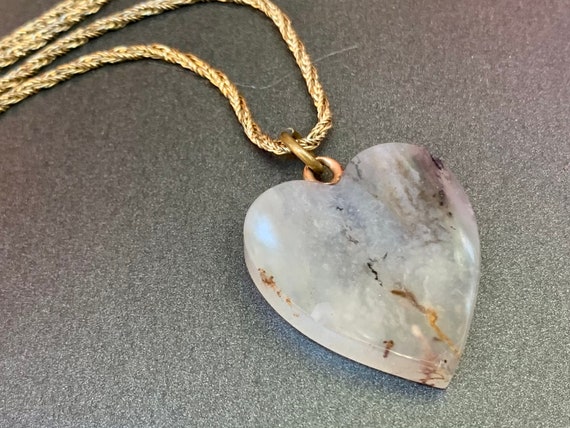 Vintage Puffy Heart Necklace Gray Agate Jasper Ge… - image 2
