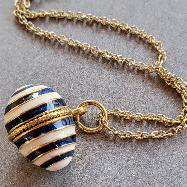 Vintage Joan Rivers Faberge Style Enamel Pendant Necklace White Blue Enamel Gold Charm Necklace Jewelry Gift for Her