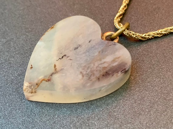 Vintage Puffy Heart Necklace Gray Agate Jasper Ge… - image 5