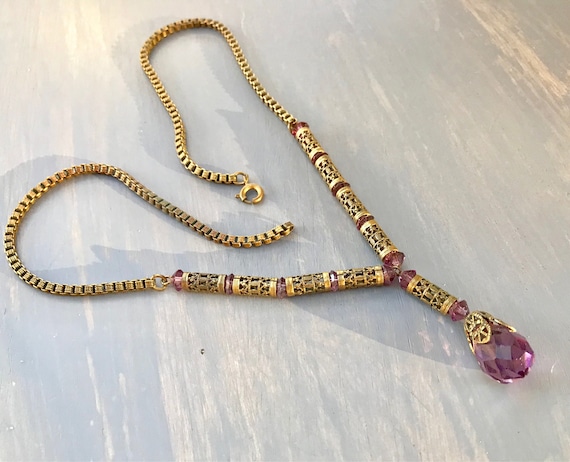 Victorian Amethyst Glass Briolette Necklace Brass… - image 4