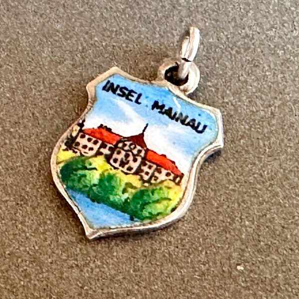 Vintage Enamel Charm Insel Mainau Lake Constance 800 Silver Travel Shield for Bracelet Fine Jewelry Gift for Her