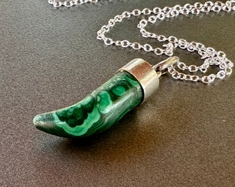 Vintage Sterling Malachite Stone Lucky Horn Cornicello Pendant Necklace Fine Jewelry Gift for Her or Him