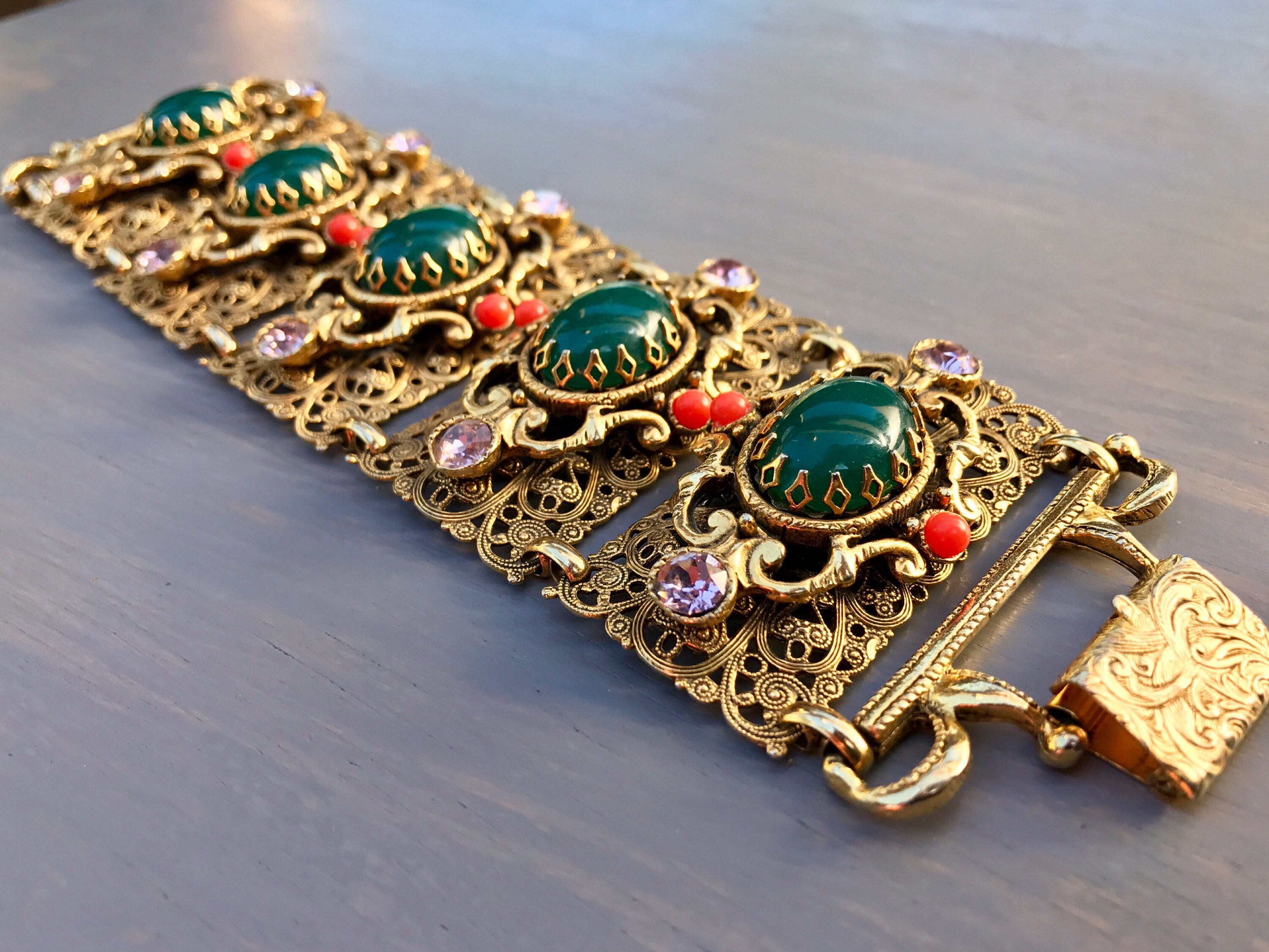 Vintage Selro Bracelet Mogul Wide Filigree Panel Rhinestones Rare