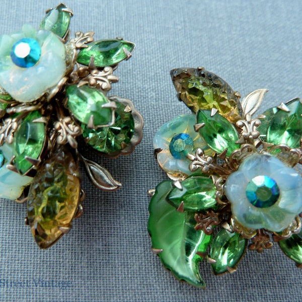 1950s Green Rhinestone Flower Earrings Art Glass Leaves Brass Filigree