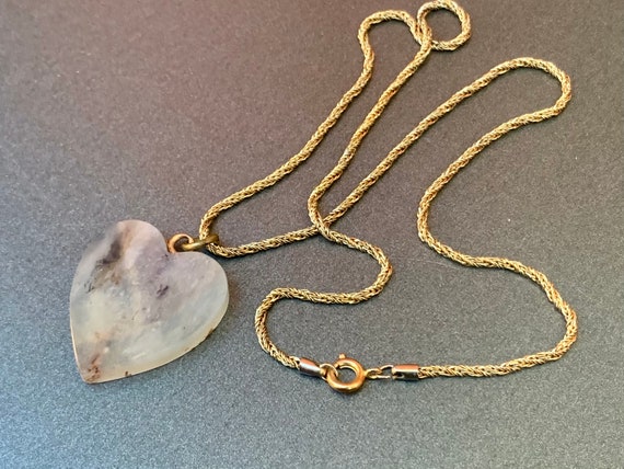 Vintage Puffy Heart Necklace Gray Agate Jasper Ge… - image 6