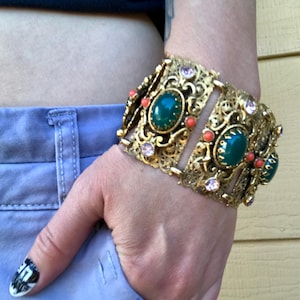 Vintage Selro Bracelet Mogul Wide Filigree Panel Rhinestones Rare Jewelry Statement Gift for Her image 7