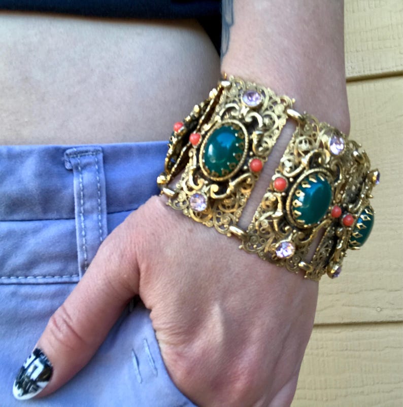 Vintage Selro Bracelet Mogul Wide Filigree Panel Rhinestones Rare Jewelry Statement Gift for Her image 7
