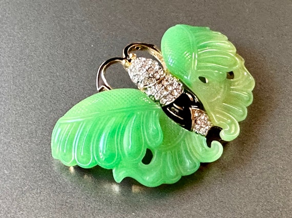 Vintage KJL Jade Butterfly Moth Brooch Rhinestone… - image 3