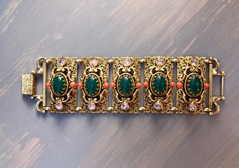 Vintage Selro Bracelet Mogul Wide Filigree Panel Rhinestones Rare Jewelry Statement Gift for Her image 3