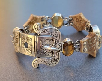 Victorian Sterling Buckle Bracelet Scottish Agate Cairngorm Citrine Fine Jewelry Gift for Her