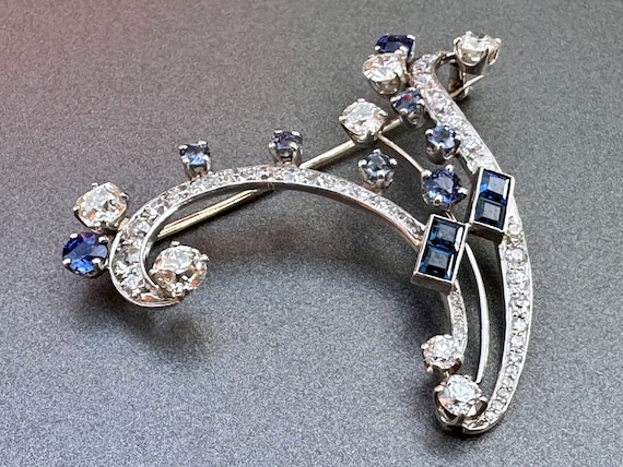 Vintage 14k Diamond Sapphire Brooch White Gold 6 … - image 2