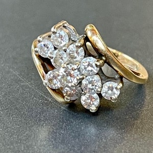 Vintage 14K Gold Diamond Ring Cluster Diamonds Ring Pinky Ring Asymmetrical Custom Diamond Ring Fine Jewelry Gift for Her