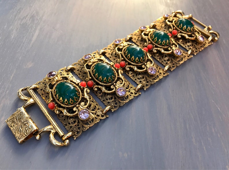 Vintage Selro Bracelet Mogul Wide Filigree Panel Rhinestones Rare Jewelry Statement Gift for Her image 8