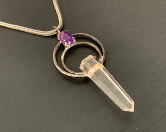 Vintage Sterling Crystal Pendant Amethyst Chakra Necklace Healing Point Clear Quartz Crystal Fine Jewelry Gift for Her