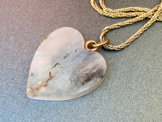 Vintage Puffy Heart Necklace Gray Agate Jasper Ge… - image 4