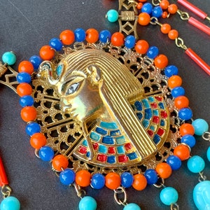 Vintage Egyptian Revival Necklace Turquoise Coral Glass Miriam Haskell Necklace Pharaoh Jewelry Gift for Her image 4