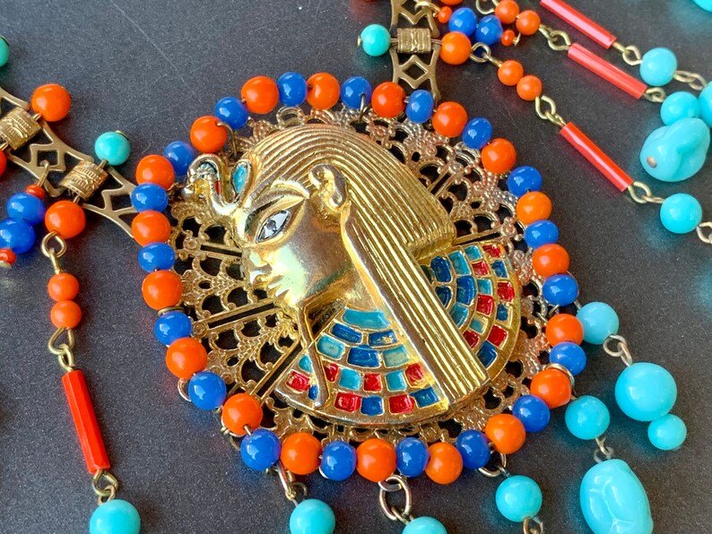 Vintage Egyptian Revival Necklace Turquoise Coral Glass Miriam Haskell Necklace Pharaoh Jewelry Gift for Her image 4