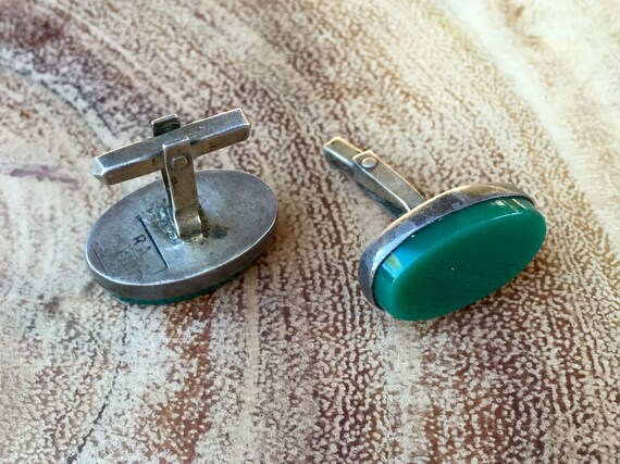 Mens Sterling Cuff Links Vintage Green Stone Cuff… - image 5