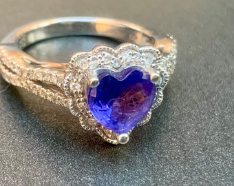 14K Gold Tanzanite Diamond Ring Heart Shaped Stone Halo Diamonds Hight Profile Heart Engagement Anniversary Fine Jewelry Gift for Her