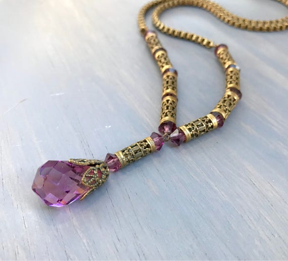 Victorian Amethyst Glass Briolette Necklace Brass… - image 5