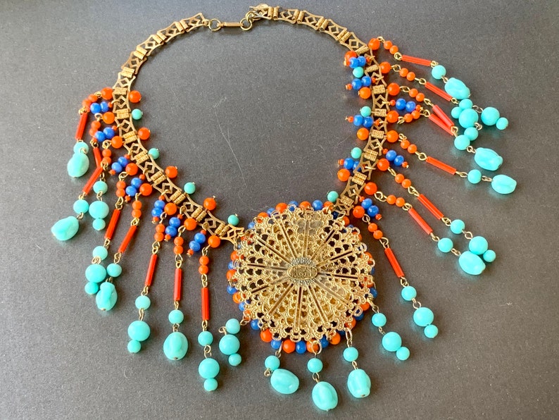 Vintage Egyptian Revival Necklace Turquoise Coral Glass Miriam Haskell Necklace Pharaoh Jewelry Gift for Her image 5