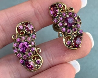 Vintage Hollycraft Earrings Purple Rhinestone Flowers 1951 Designer Jewelry Gift for Her