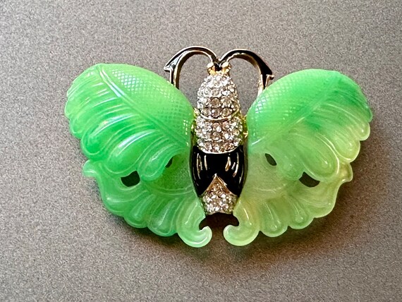 Vintage KJL Jade Butterfly Moth Brooch Rhinestone… - image 2