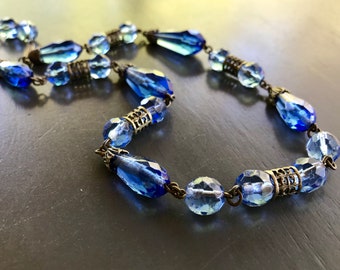 Art Deco Czech Glass Necklace Sapphire Blue Glass Filigree Victorian 1900s Jewelry Faceted Briolette Brass Gift for Her